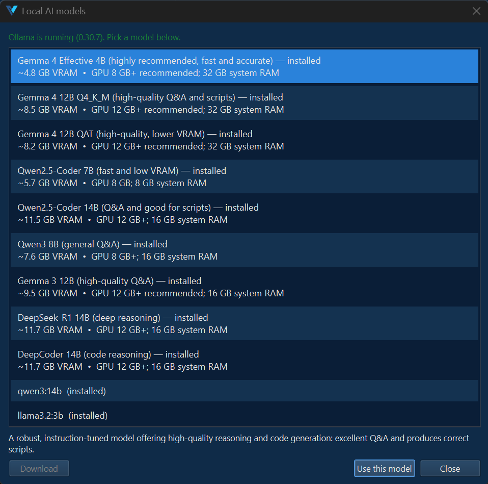 Volvicon AI Assistant Local AI Models Dialog
