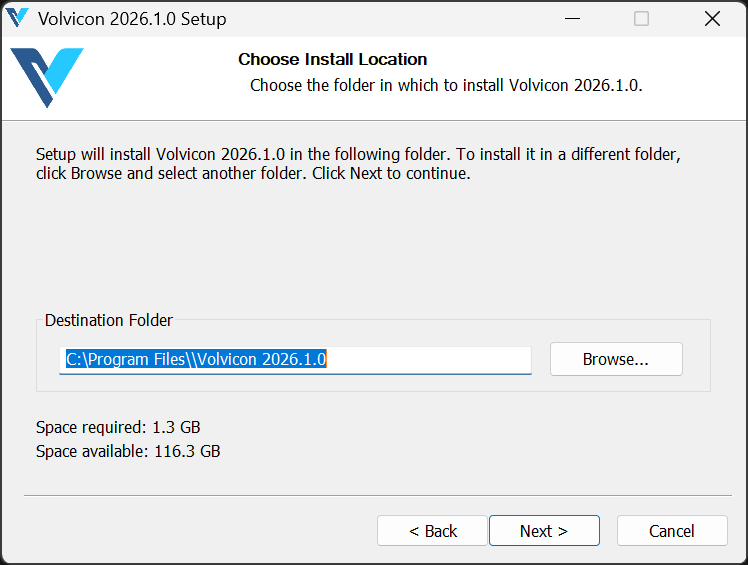 Volvicon installer — Install location selection
